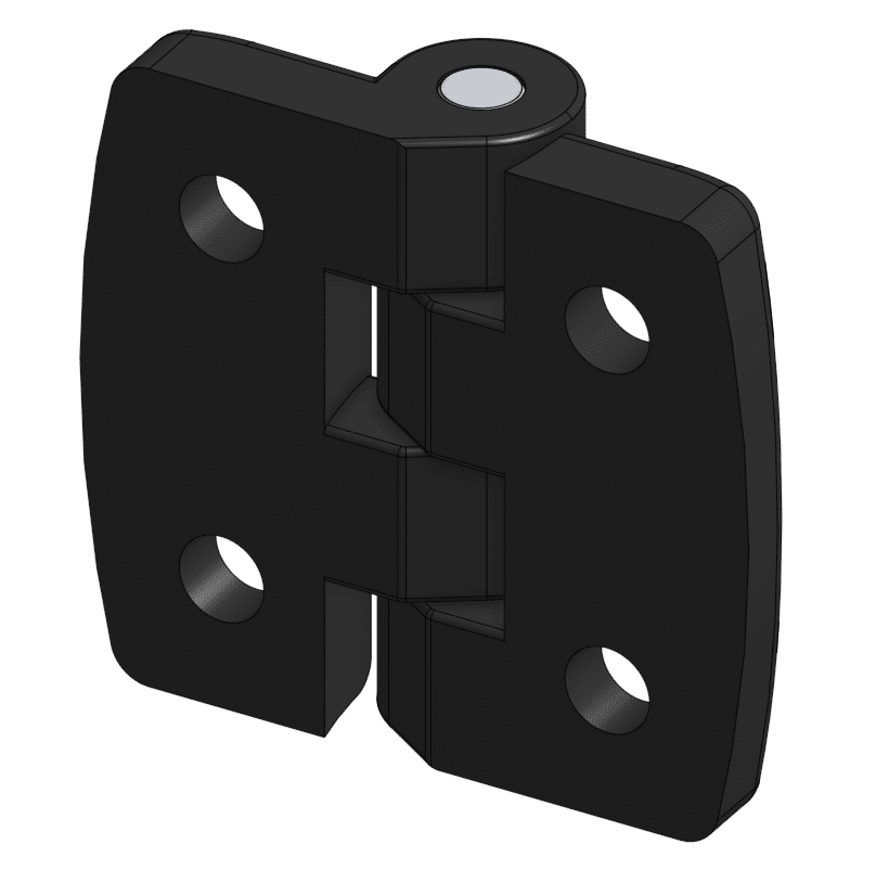 A black door hinge made from injection molding materials on a white background.